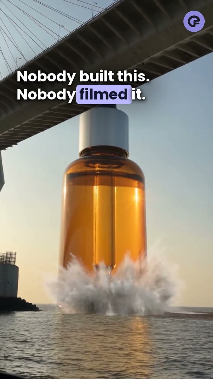 CGI ad where a giant serum bottle rises from the sea beside a Mumbai bridge